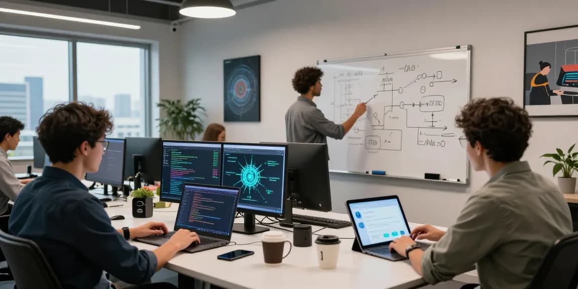 A diverse team collaborating on large language models in a modern tech workspace with dual screens and interactive displays.