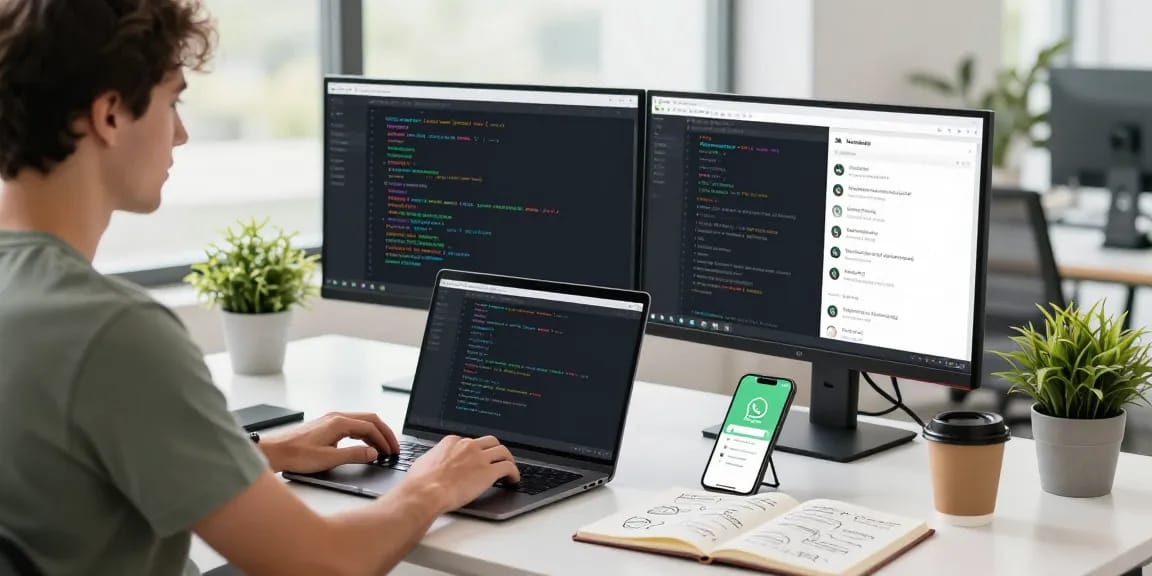WhatsApp下載 showcased in a tech workspace with a developer coding and app interface displayed.