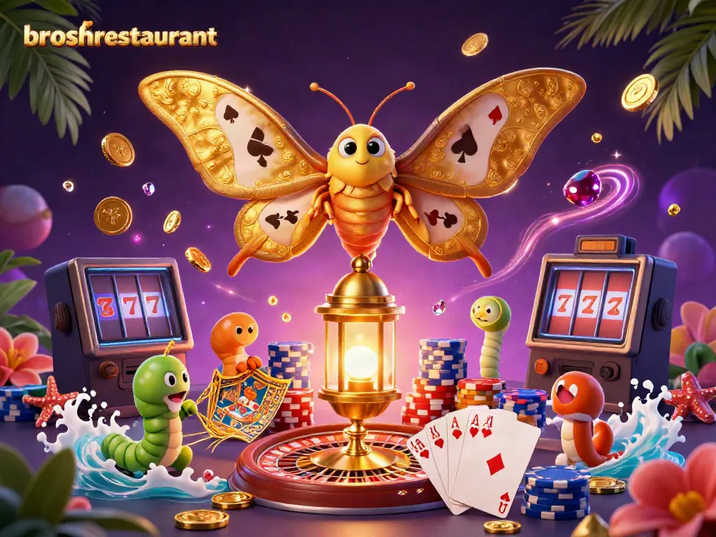 Engage with broshrestaurant's captivating casino scene featuring vibrant colors, golden coins, and playing cards.