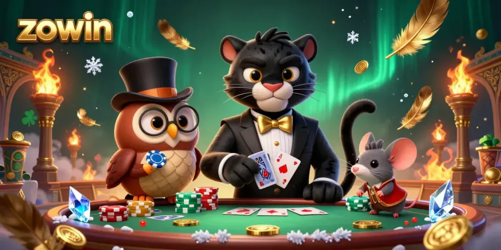 Zowin's vibrant casino scene features a stylish panther dealer, owl with poker chips, and mouse, creating an engaging atmosphere.