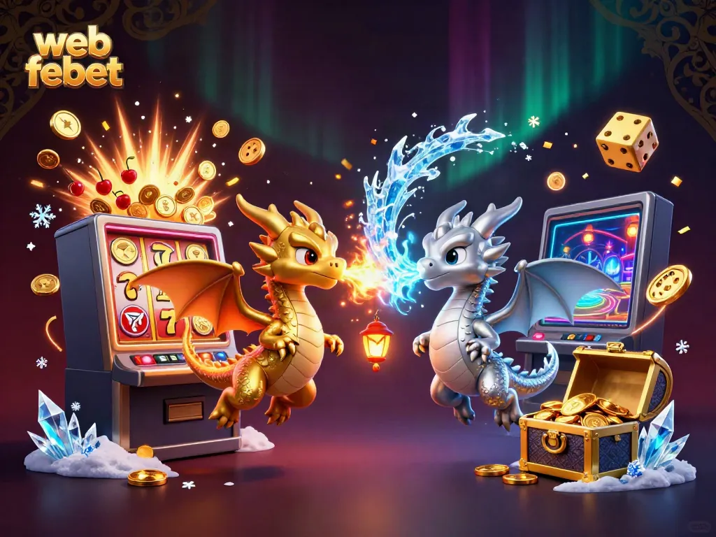 Engage with web febet in an immersive casino scene showcasing twin dragons, slot machines, and vibrant game elements.