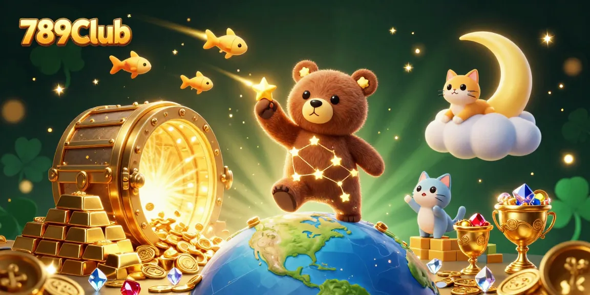 Engage with 789Club in this vivid 3D illustration of a constellation bear collecting coins, celebrating the thrill of online gaming.