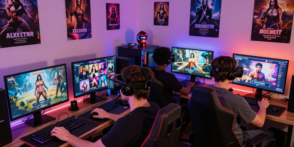Engaging scene of adults playing porn games online at home with immersive setups.