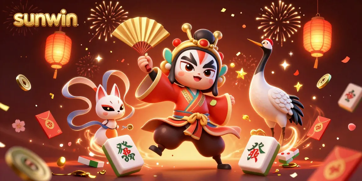 Engage in thrilling gameplay with Sunwin's vibrant 3D illustration showcasing kabuki characters and festive casino elements.