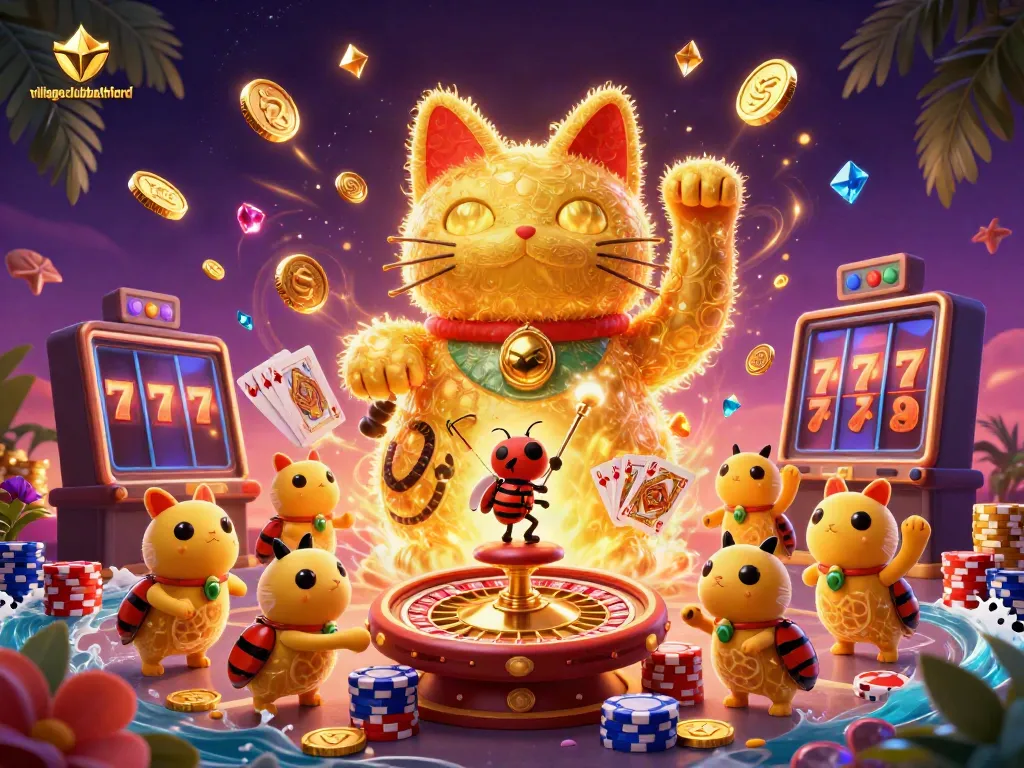 Experience the excitement of villageclubbathford with a vibrant, 3D digital casino illustration featuring lucky symbols and dynamic game elements.