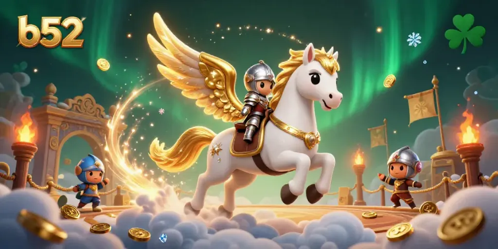 Experience thrilling gameplay at b52 with a celestial knight on a magical horse amidst vibrant casino elements.