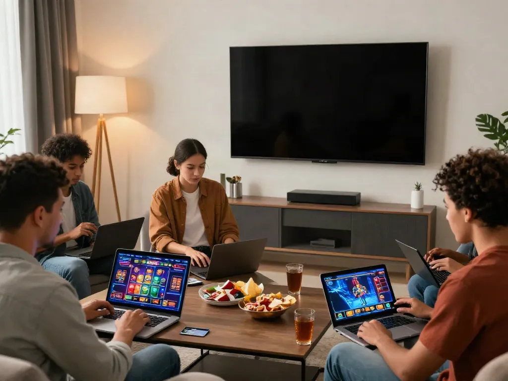 Players enjoying online casinos that accept credit cards from a stylish living room, showcasing diverse gaming experiences.