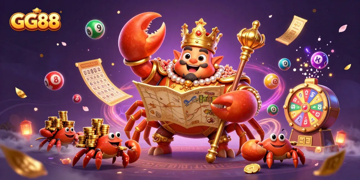 Engage with GG88's thrilling gaming universe featuring a massive golden crab emperor and exciting casino elements.