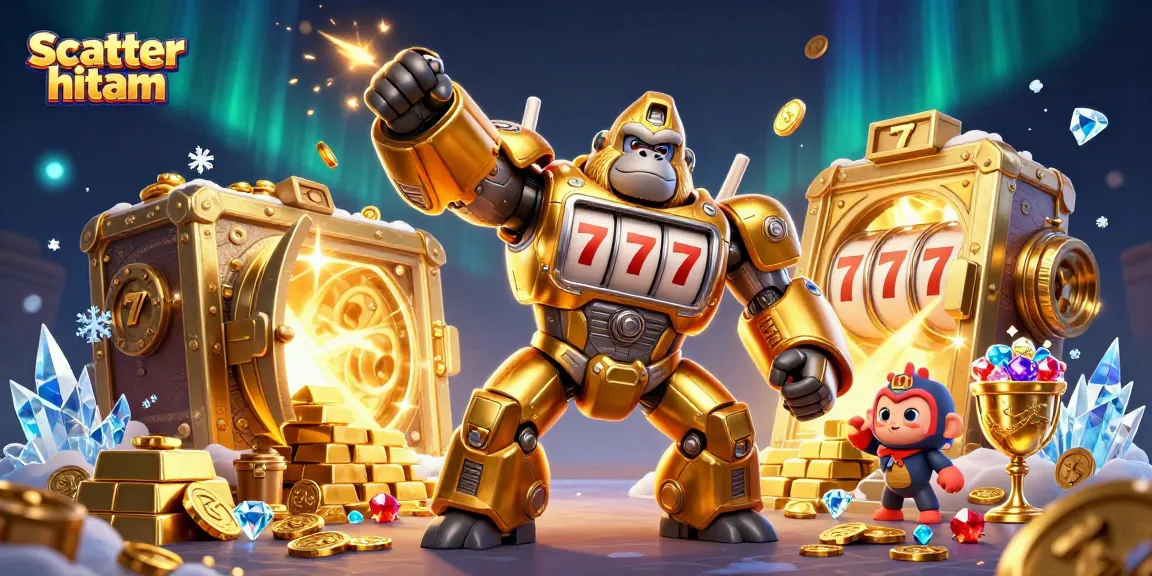 Play scatter hitam with a spectacular 3D casino scene featuring a golden gorilla mech and treasures.