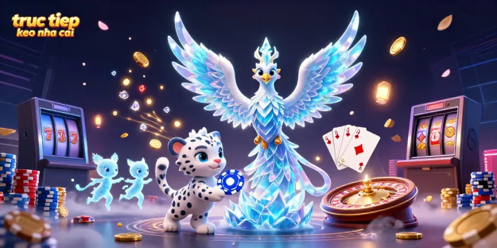 Engage in exciting gaming action with "truc tiep keo nha cai" featuring vibrant animated characters, casino elements, and dynamic coin effects.