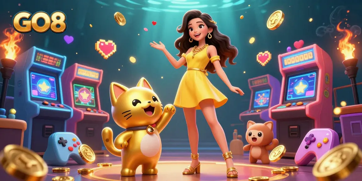 Engage in thrilling gaming at GO8, featuring a cheerful Asian woman with a lucky cat surrounded by casino delights.