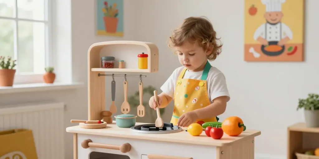 Wooden kitchen set with a toddler playing, surrounded by colourful utensils and soft light.