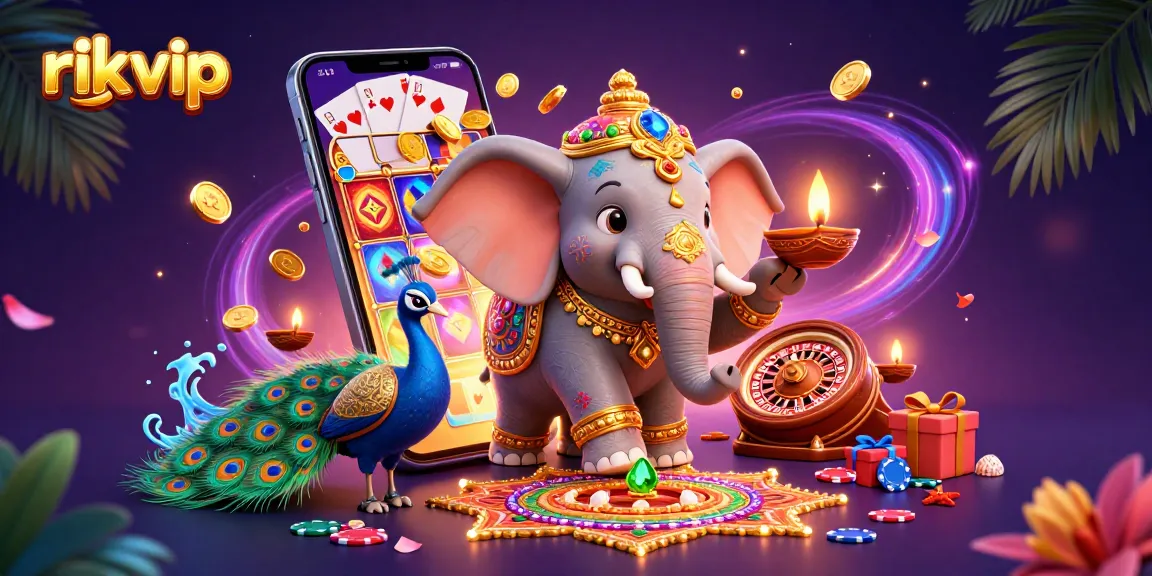 Play vibrant slots with rik vip featuring a detailed Diwali elephant and peacock companions.