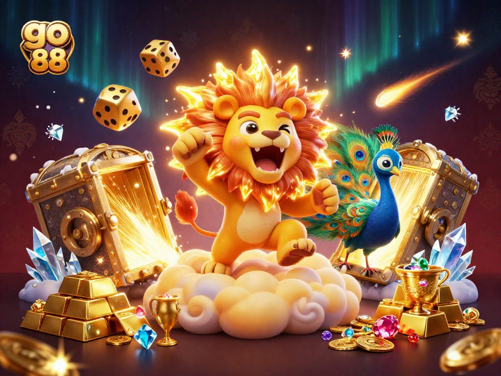 Experience the excitement of go 88 with dynamic golden elements and vibrant casino characters.