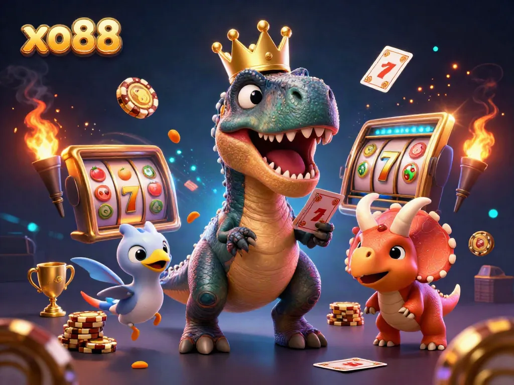 Experience thrilling gameplay at xo88 with friendly dinosaurs shuffling cards and stacking chips, illustrating fun and excitement.