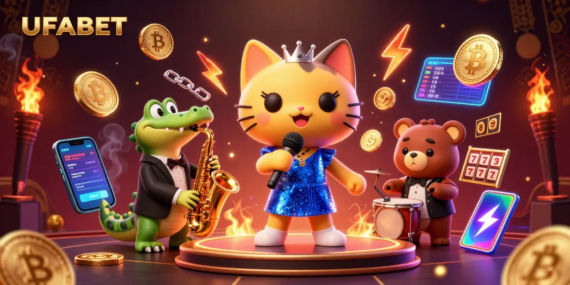 Win big with UFABET in a vibrant 3D casino scene featuring colorful characters and crypto elements.