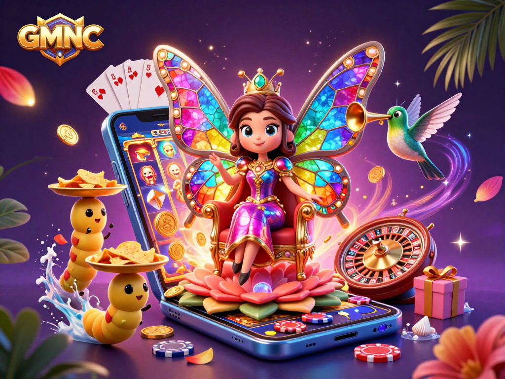 GMNC gaming scene with colorful slot action and vibrant butterfly queen illustration