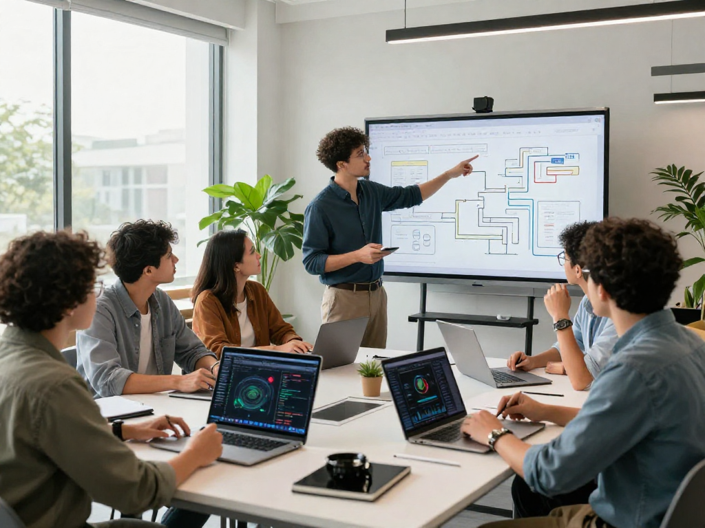 Team collaborating on spicy ai innovation in a modern tech workspace with laptops and whiteboard.