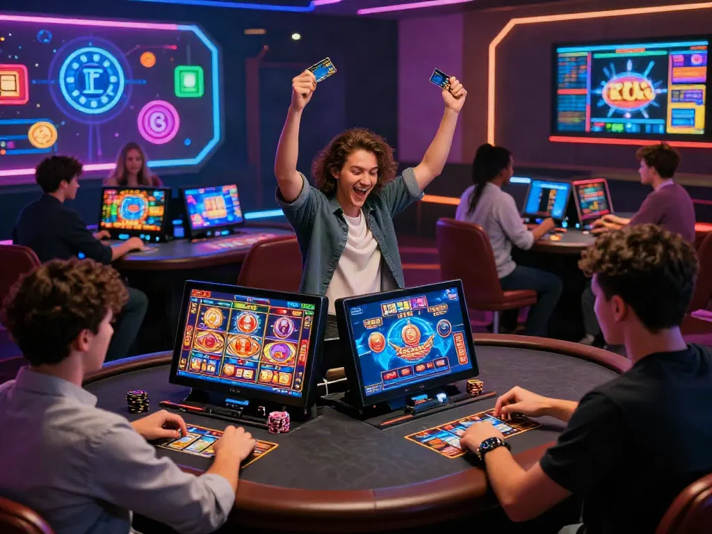 Players enjoying credit card casinos on stylish devices in a vibrant online gaming environment.