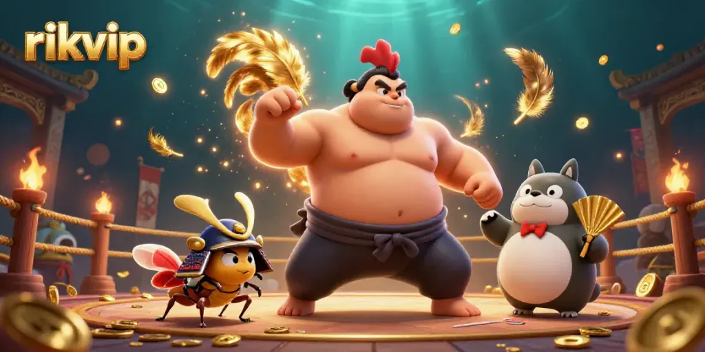 Engage in the thrilling action of rikvip as a powerful sumo rooster confronts a fierce samurai cricket amidst a dynamic casino backdrop.
