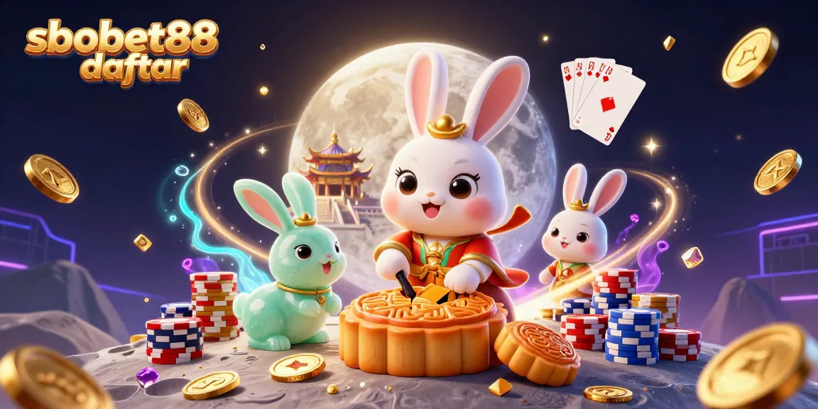 Engage in sbobet88 daftar with a vibrant lunar scene featuring a moon rabbit, poker chips, and casino elements.