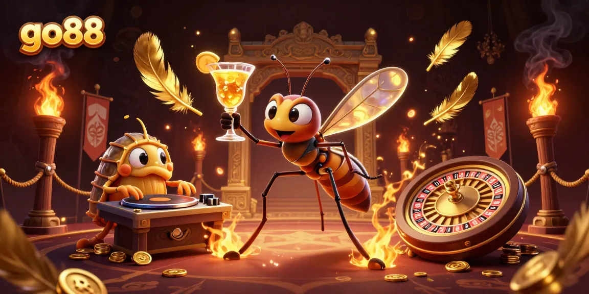 Experience thrilling gameplay at go88 with a lively scene featuring a casino mascot and golden roulette.