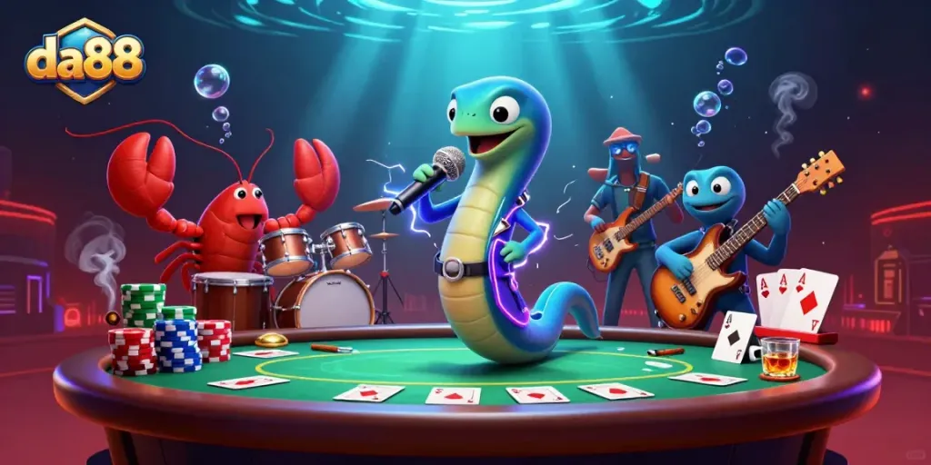Experience the excitement of da88 with a 3D casino scene featuring electric eel DJ, lobster drummer, and seahorse guitarist.