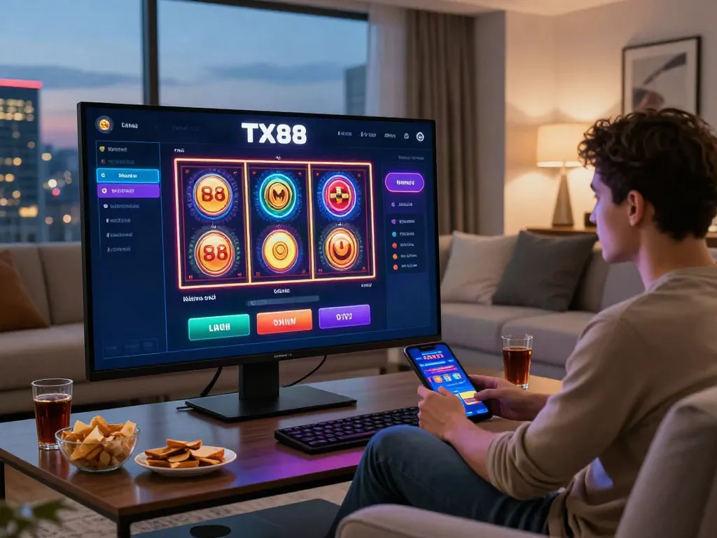 Engaged player using nhà cái TX88 app on smartphone surrounded by snacks in a cozy setting.