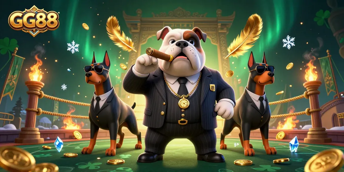Experience thrilling gameplay with GG88 featuring a mafia bulldog and bodyguard Dobermans in a dynamic casino scene.