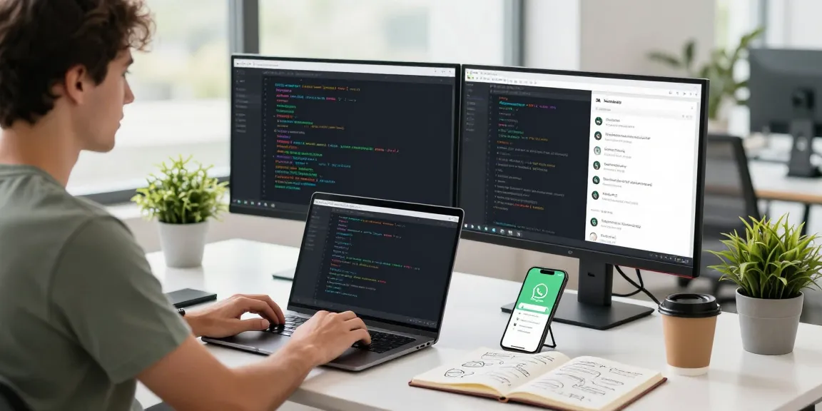 WhatsApp下載 showcased in a tech workspace with a developer coding and app interface displayed.