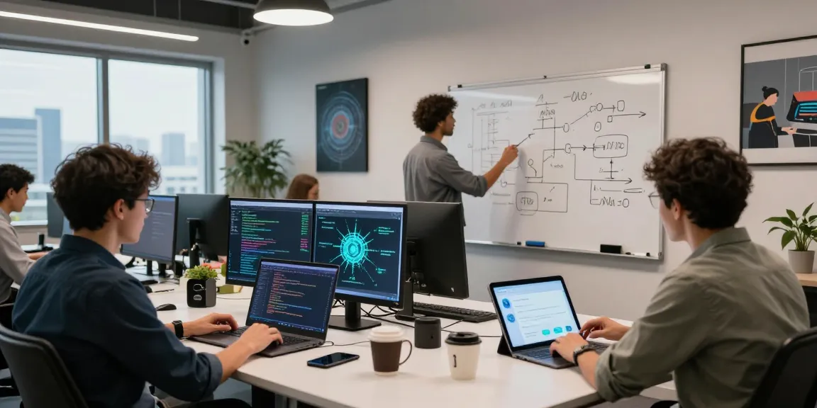 A diverse team collaborating on large language models in a modern tech workspace with dual screens and interactive displays.